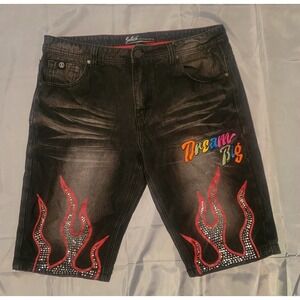 Switch Remarkable Mens 34 Black Denim Flames Dream Big Streetwear Jorts Y2K‎ EUC